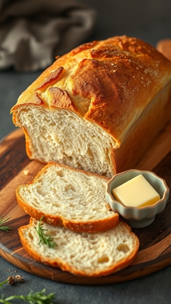 Easy Bread Machine Mix Recipes A golden-brown loaf of homemade bread sliced on a wooden board with butter and herbs.